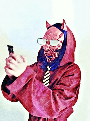 A watercolour style image of a person dressed in a devil costume disguised with glasses and a tie. Who is really at the other end of that internet post you just looked at? This is for a Dangers of Social Media and Internet concept,