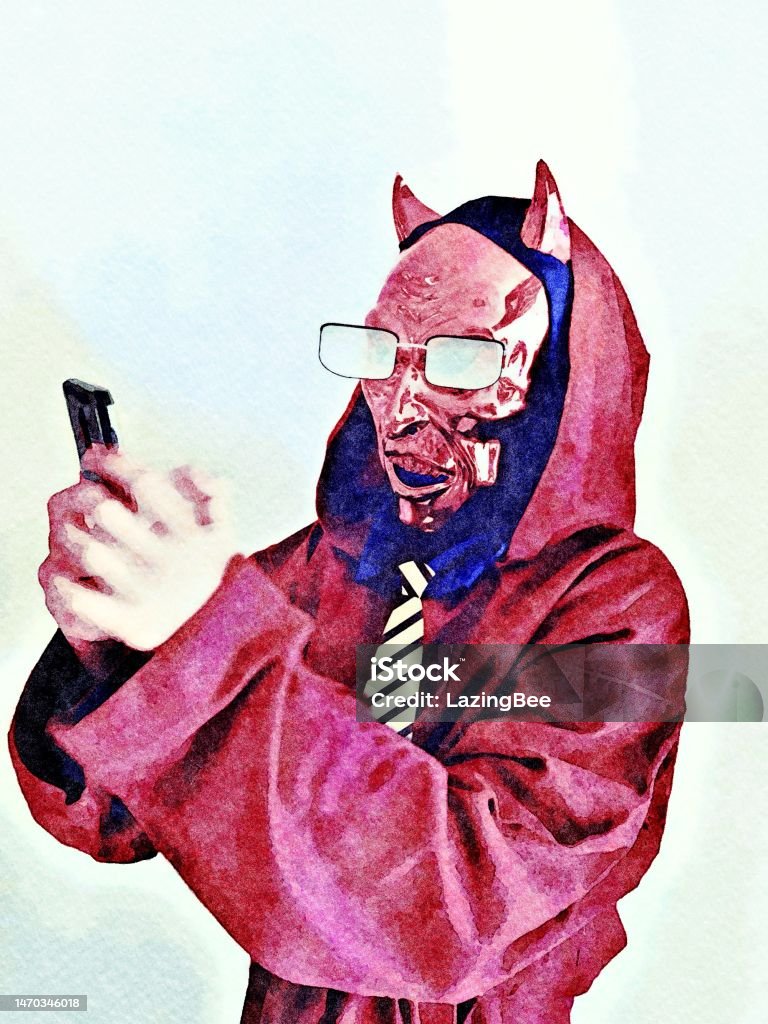Person Dressed as Devil Disguised in Glasses and Tie Posting on Mobile Phone - Internet Manipulator Concept A watercolour style image of a person dressed in a devil costume disguised with glasses and a tie. Who is really at the other end of that internet post you just looked at? This is for a Dangers of Social Media and Internet concept, Devil Stock Photo