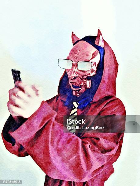 Person Dressed As Devil Disguised In Glasses And Tie Posting On Mobile Phone Internet Manipulator Concept Stock Photo - Download Image Now