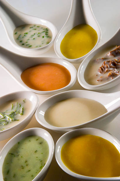 istock Colorful sauces in white spoons 147034617