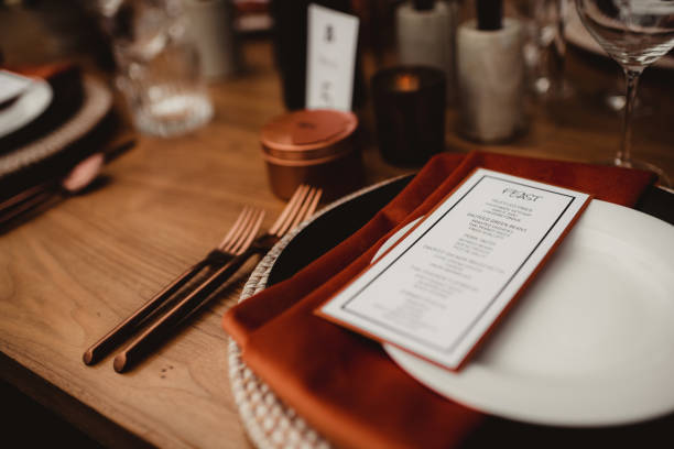 istock Close up of table setting with menu at a wedding 1470349038