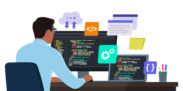 Software developer working with computers vector art illustration