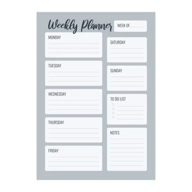 Vector illustration of Weekly planner printable vector template. Blank organizer page A4, A5.  Business schedule page for a week for effective planning. Personal notebook. Paper sheet. White background.