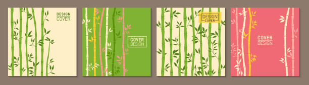 Abstract bamboo stem trendy cover square card design Asian exotic pattern page flyer planner catalog Abstract bamboo stem trendy cover or square card design set. Asian exotic pattern page flyer, notebook planner with plants. Brochure social media catalog. Decorative organic natural page background bamboo background stock illustrations