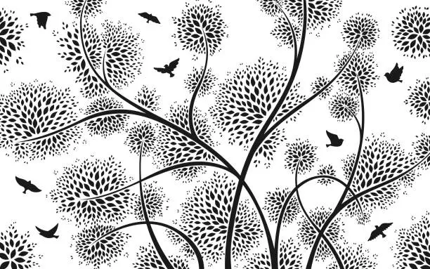 Vector illustration of Flock bird tree branches silhouette pattern abstract flying dove shape wallpaper background artwork