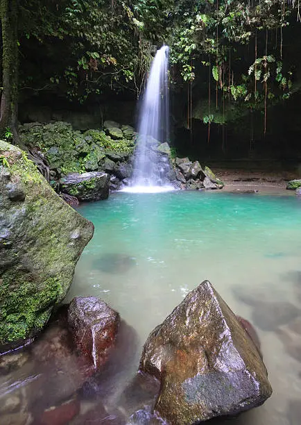 Emerald pool and waterfall in sink hole in the rainforest of Dominica