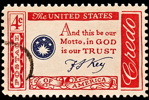 Part of the American Credo issues of 1960-61. And this be our motto, "In God we trust" by Francis Scott Key.