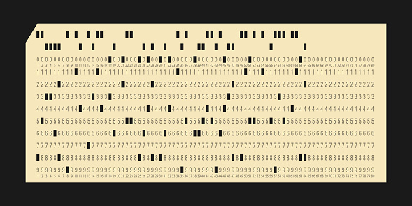 Vintage IBM punch card for electronic calculated data processing machines. Retro punchcard for input and storage in automated technology information processing systems. Vector illustration isolated.