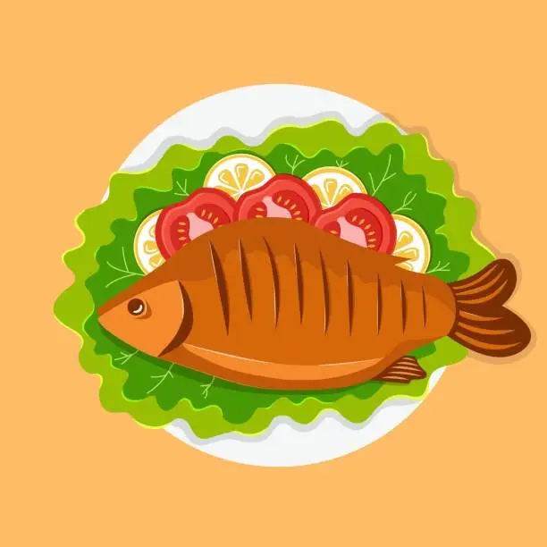 Vector illustration of Fried fish with vegetables on a plate closeup. Tomatoes, lemon, lettuce. Healthy food, Vegan. Sea meal. Cooking. Restaurant menu. Kitchen. recipe. Vector illustration.