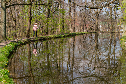 Woman wearing a pink hoodie is going along the edge of the shore of the water on a spring day. Rearview. She and the trees are reflections in the water very beautiful