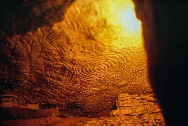 1980s old Positive Film scanned, Interior Newgrange prehistoric monument, County Meath, Ireland stock photo