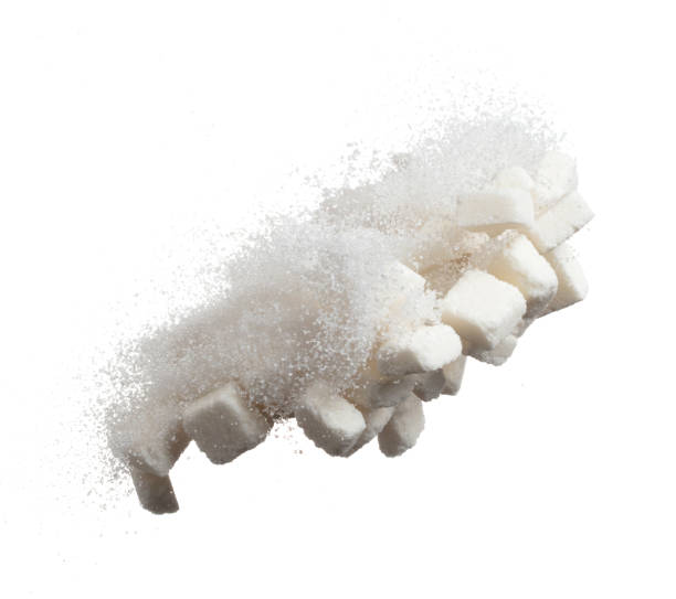 istock Pure Refined Sugar cube flying explosion, white crystal sugar abstract cloud fly. Pure refined sugar cubes splash stop in air, food object design. white background isolated high speed freeze motion 1470359753