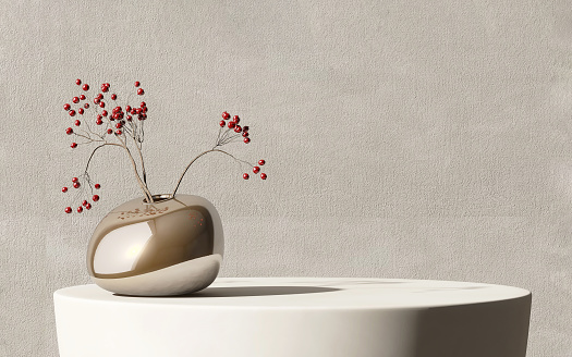 Minimal, modern white round stone podium, red berry bouquet in shiny smooth gold vase in sunlight on concrete wall for luxury organic cosmetic, skincare, beauty treatment product display background 3D