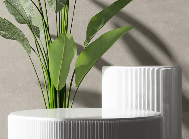 istock Two glossy white round cylinder ceramic podium  in corrugated side, green tropical banana tree in sunlight and leaf shadow on beige gray concrete wall background 1470363237