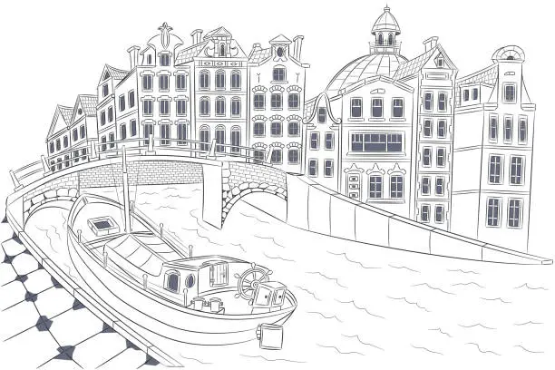 Vector illustration of Old traditional Dutch stone houses, a barge and a bridge over a canal.