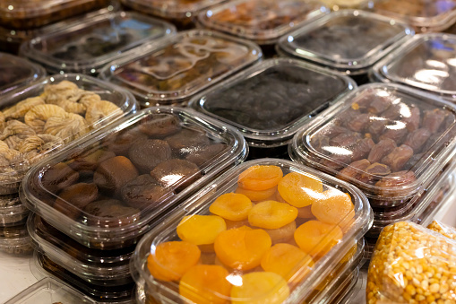 Istanbul, Turkey - November 27, 2014: Stalls selling turkish delights in the Spice Bazaar in Istanbul, Turkey