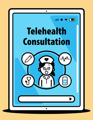 Telehealth characters vector art illustration.
Having a Telemedicine or Telehealth Consultation with a healthcare provider by laptop computer or video call.