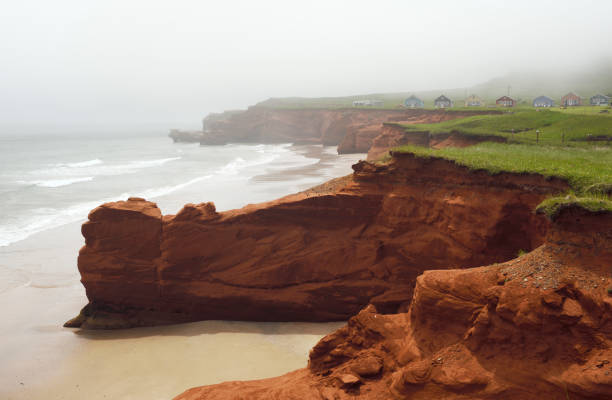 Foggy coastline of Havre-aux-maisons, Magdalen Islands stock photo