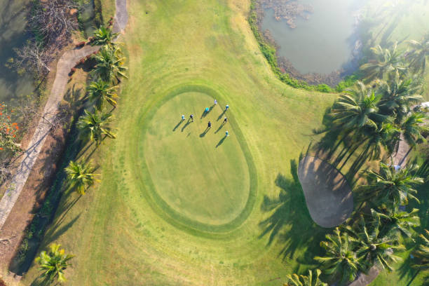 istock Aerial view Green Golf course in the morning. 1470369240