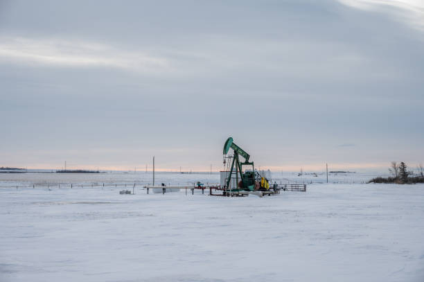 oil pump jack in winter - oil pump oil industry alberta equipment imagens e fotografias de stock