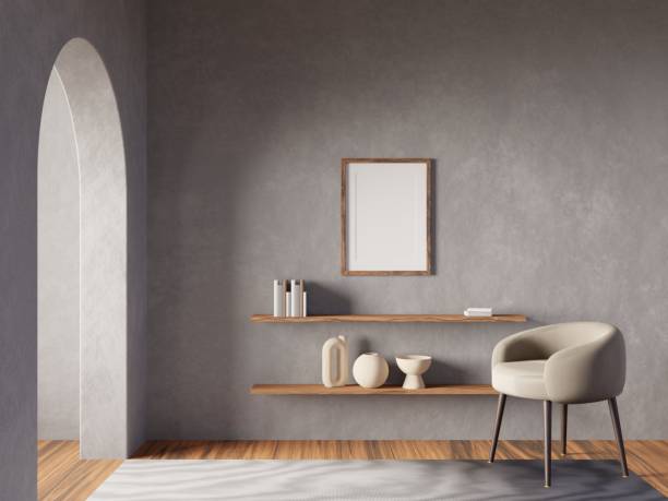 istock Interior poster mock up with vertical empty wooden frame on wall in living room. 3D rendering. 1470380045