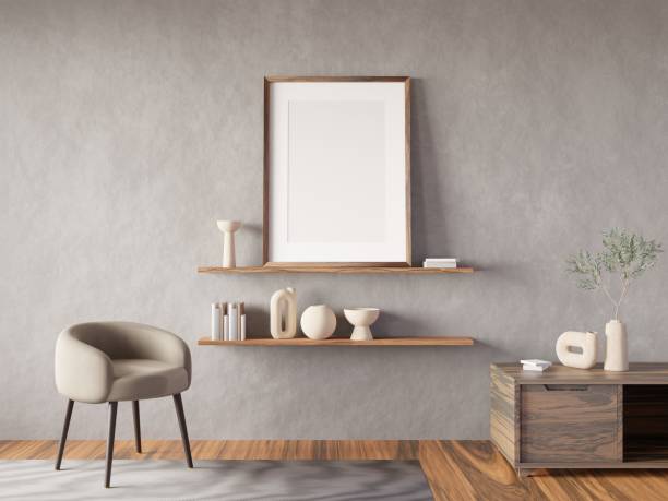 istock Interior poster mock up with vertical empty wooden frame on wall in living room. 3D rendering. 1470380047