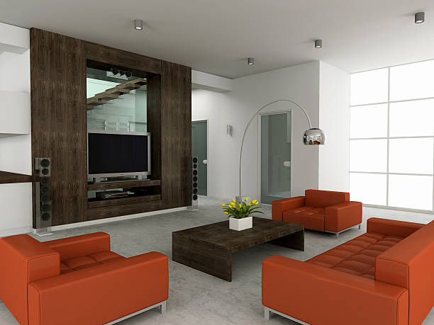 istock Orange couches arranged around modern wooden interior 147038306