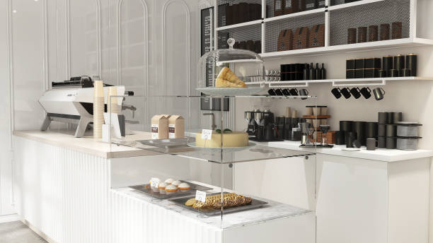 istock Modern, luxury design cafe, corrugated counter with espresso machine, grinder, coffee cup, cake display fridge, cabinet, shelf in sunlight from window on white wainscot wall 1470383259