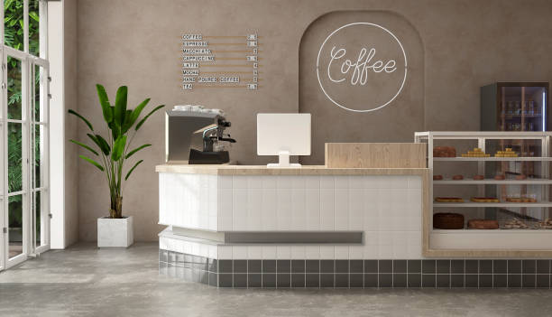 Modern, luxury tropical design cafe, wooden counter with espresso machine, cake display fridge in sunlight from outdoor garden on beige brown stucco wall, cement floor Modern, luxury tropical design cafe, wooden counter with espresso machine, cake display fridge in sunlight from outdoor garden on beige brown stucco wall, cement floor. Coffee shop business interior decoration background 3D cafe interior stock pictures, royalty-free photos & images