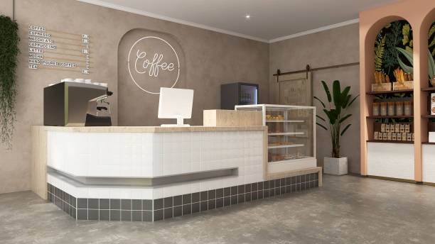 istock Modern, luxury tropical design cafe, wooden counter with espresso machine, cake display fridge, cabinet, snack shelf, plant in sunlight on beige brown stucco wall, cement floor 1470383268
