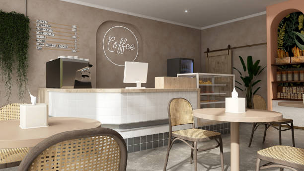 istock Modern, luxury tropical design cafe, wooden counter with espresso machine, cake display fridge, cabinet, snack shelf, plant in sunlight on beige brown stucco wall, cement floor 1470383272