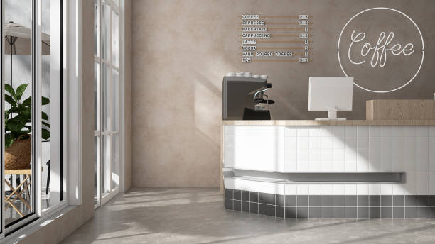 istock Modern design cafe, white square tile counter with espresso machine, cash register in sunlight from glass door and window outdoor garden on beige brown stucco wall, cement floor 1470383293