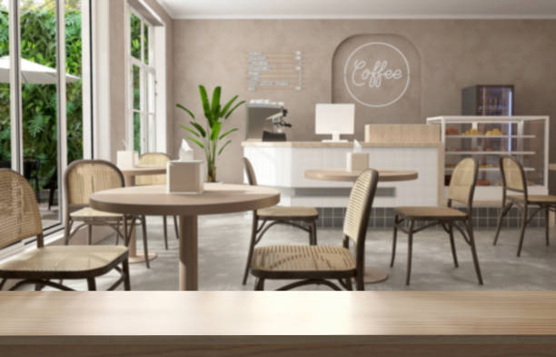 istock Empty wooden counter, tabletop in modern, luxury design cafe with white counter, espresso machine, cash register, cake display refrigerator, coffee table and chair in sunlight from outdoor garden on brown wall 1470383452