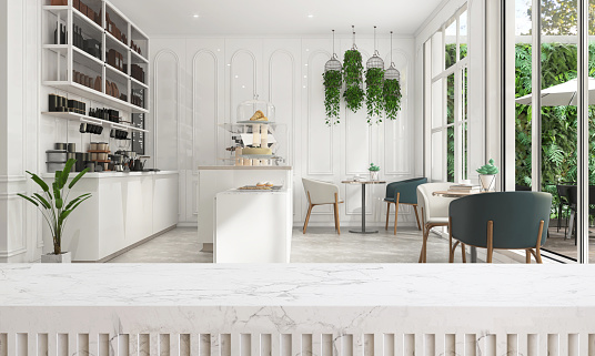 Empty white marble counter, tabletop in modern, luxury design cafe with counter, espresso machine, cake display refrigerator, cabinet, cupboard shelf, coffee table, chair and green plant in sunlight from outdoor garden on wainscot wall for food, drink, bakery, coffee, lifestyle product display background 3D