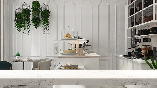 Empty white marble counter, tabletop in modern, luxury design cafe with white counter, espresso machine, cake display refrigerator, cabinet, cupboard shelf, green plant in sunlight on wainscot wall for food, drink, bakery, coffee, lifestyle product display background 3D