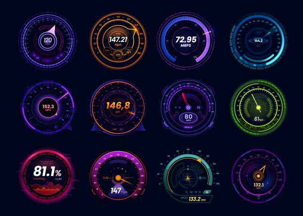 автомобильный спидометр, тестовые наборы скорости интернета - miles counter stock illustrations