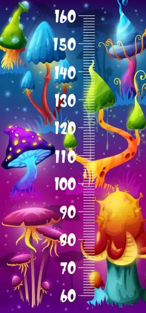 Vector illustration of Kids height chart with magic mushrooms in forest