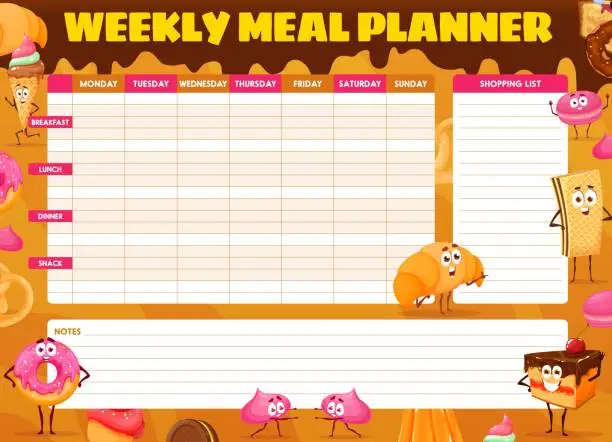 Vector illustration of Weekly meal planner, cartoon bakery characters