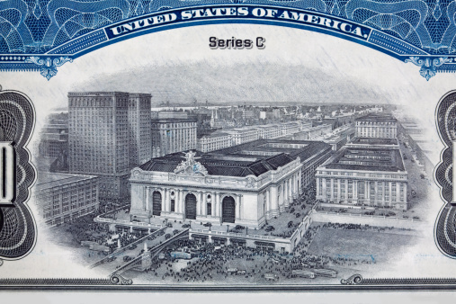Engraving of Grand Central Station in New York City, NY, USA.  This from a vignette (oval design on a certificate) from a railroad bond certificate.  -  See lightbox for more