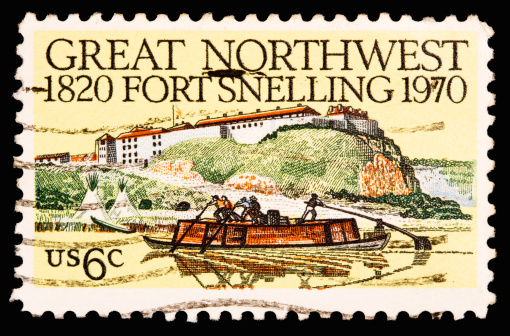 A 1970 issued 6 cent United States postage stamp showing 150th anniversary of Fort Snelling.