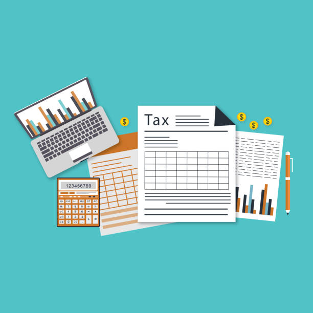 tax accounting, expenses, budget calculation. clipboard, tax form. pay tax online - taxes stock illustrations