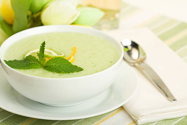 Close-up of cool melon soup in white bowl stock photo