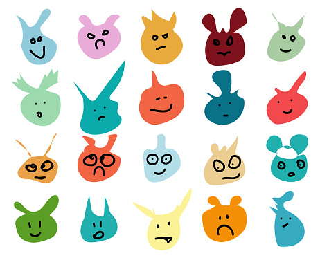 Vector drawing style set abstract colors animal head doodle faces with various emojies isolated collection