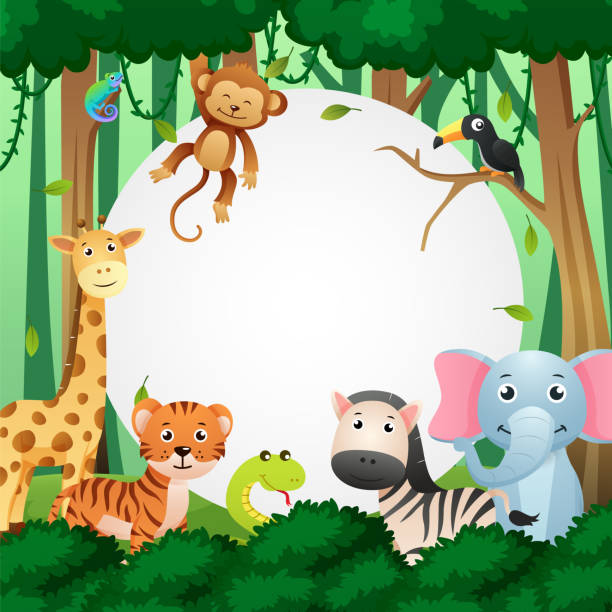 ilustrações, clipart, desenhos animados e ícones de animal da vida selvagem na selva com espaço de cópia circular. estilo infantil. vetor. - animal de safari