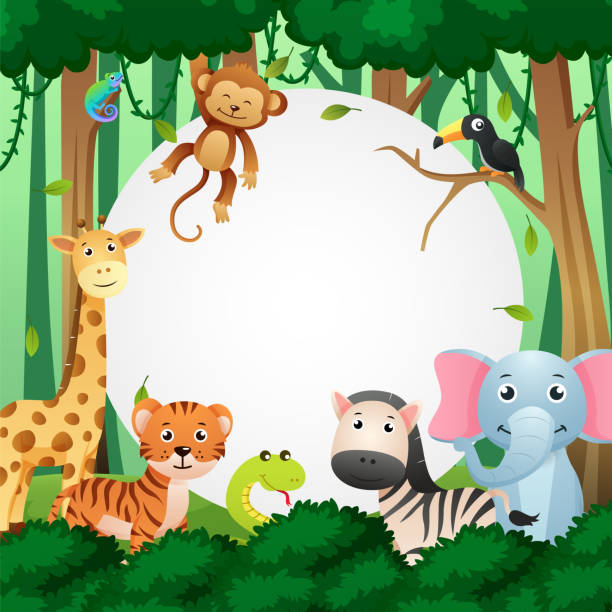 Wildlife animal in jungle with circular copy space . Kids style . Vector . Wildlife animal in jungle with circular copy space . Kids style . Vector . safari animals cartoon stock illustrations