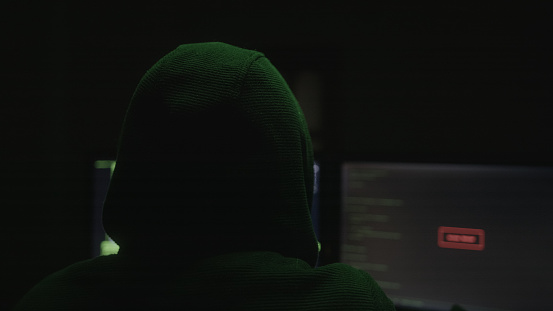 Mysterious Hacker or Programmer with Hoodie Hacking in a Desolate Room with Green Lights, Back View Shot