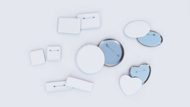 istock Various shape of white badge pins mockup on white background. circle, oval, heart, square. 1470406918