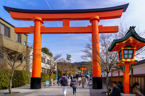 MIYAGIMA, JAPAN - November 21, 2017: Red Floating Big Torii gate in Miyajima Island of Japan.