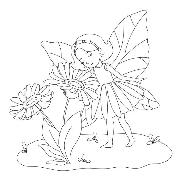 Vector illustration of Cute little fairy sniffing flower. Vector outline illustration for coloring page isolated on white background