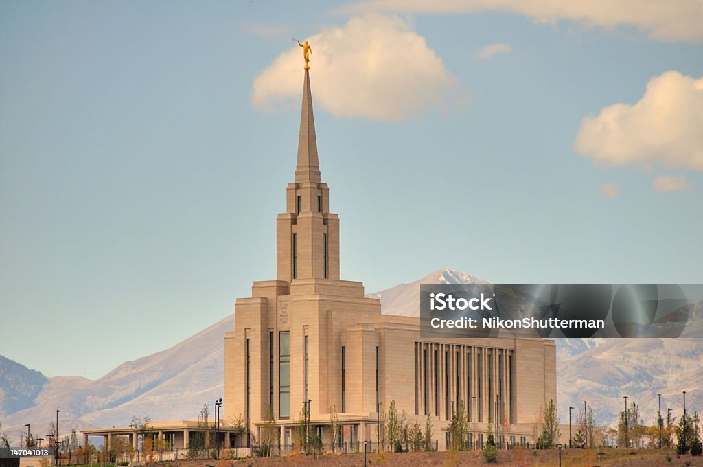 Oquirrh Mountain Utah Temple Exterior Finish:  Light beige granite from China. Mormonism Stock Photo